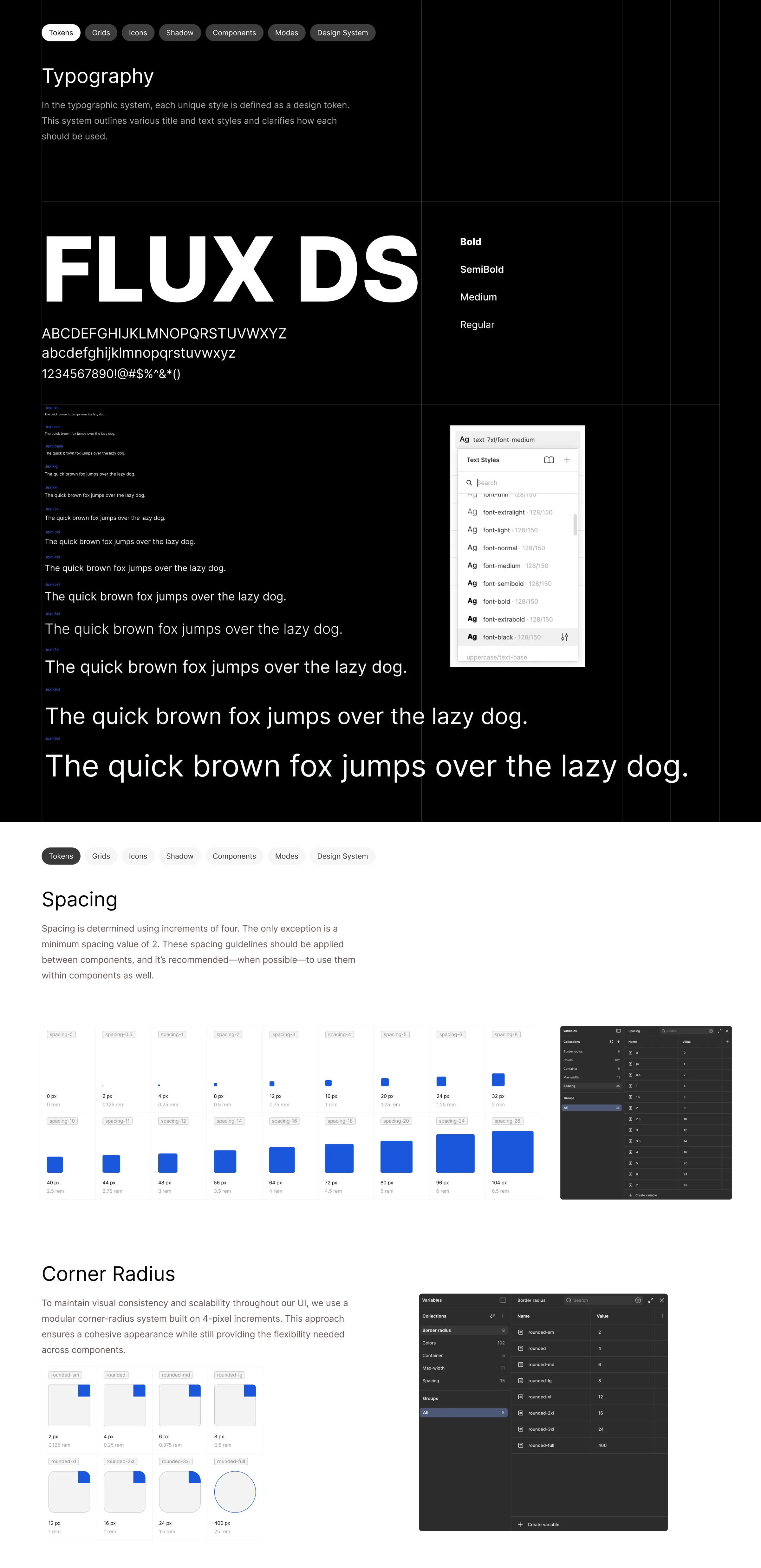 Flux typography, spacing, and corner-radius systems