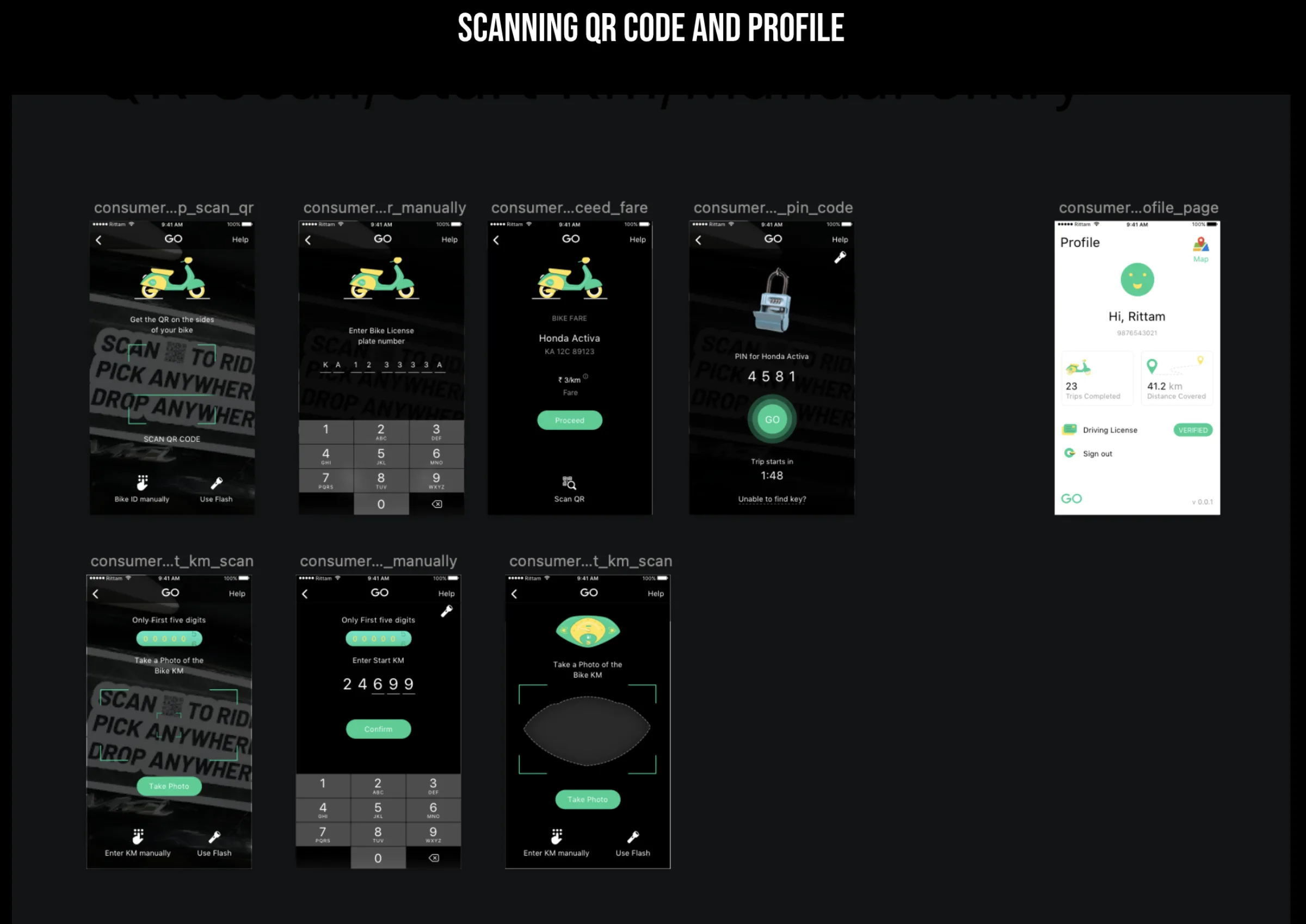 QR code scanning and profile screens