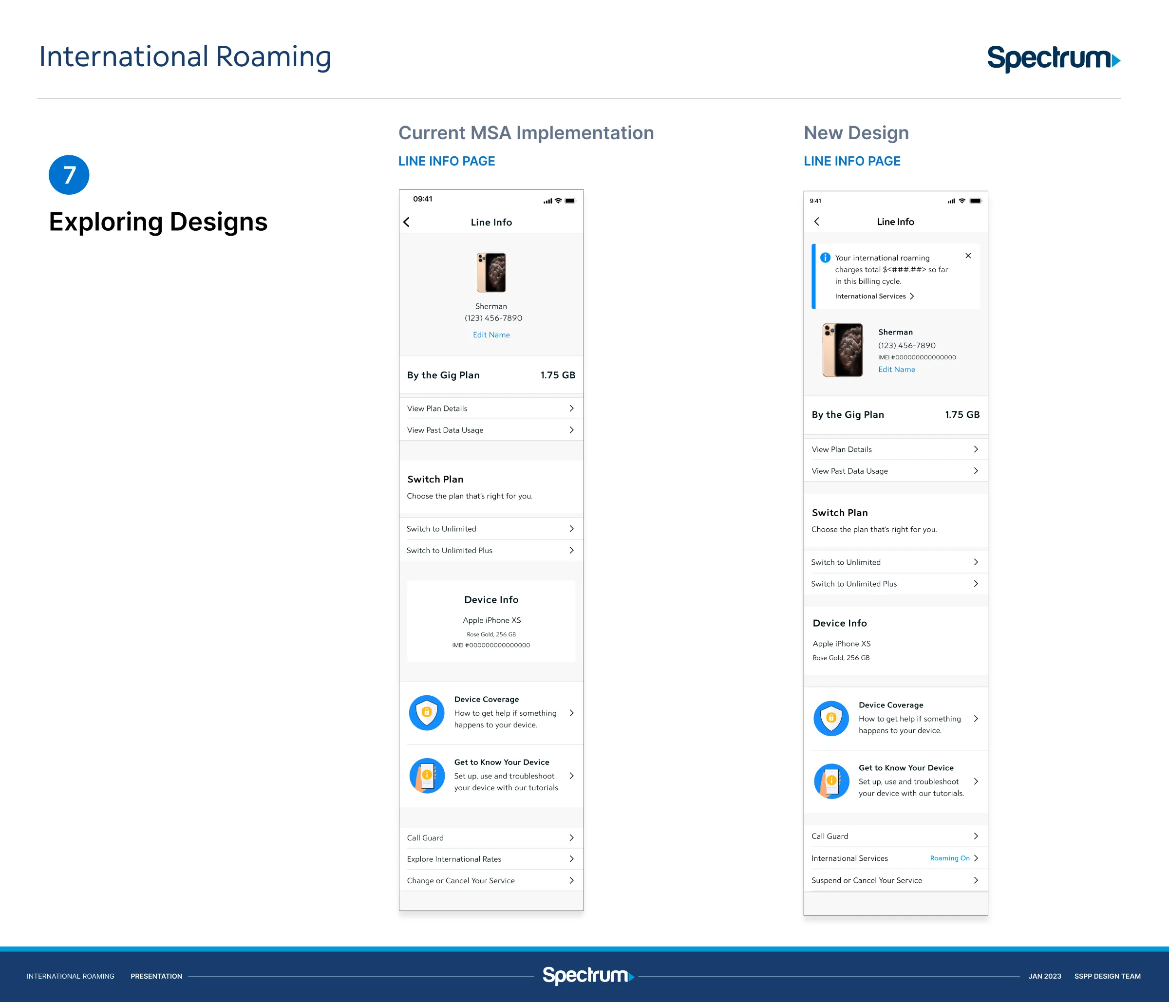 End-to-end MSA UX flow from Line Info through International Services to error recovery
