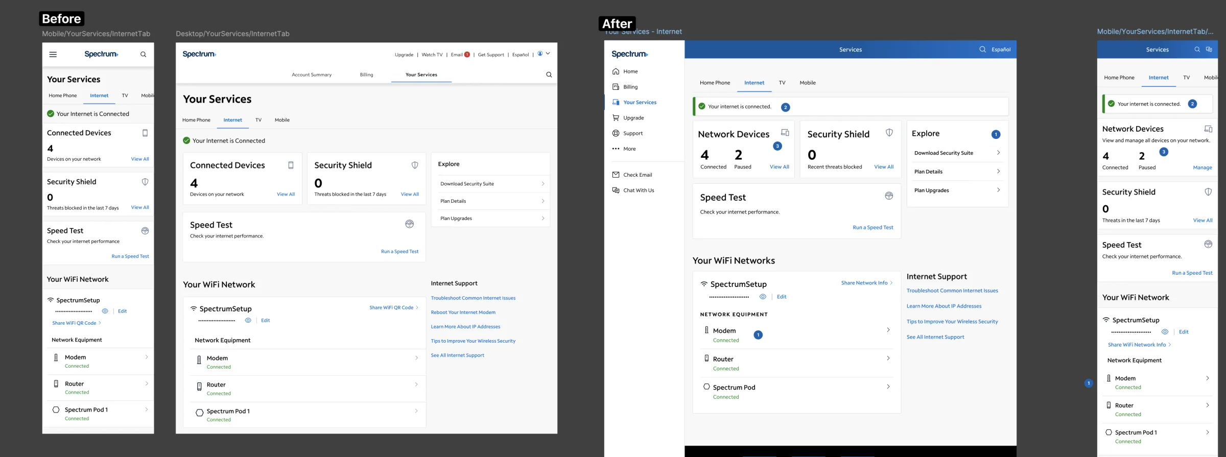 Before and after comparison of web and mobile UI across teams