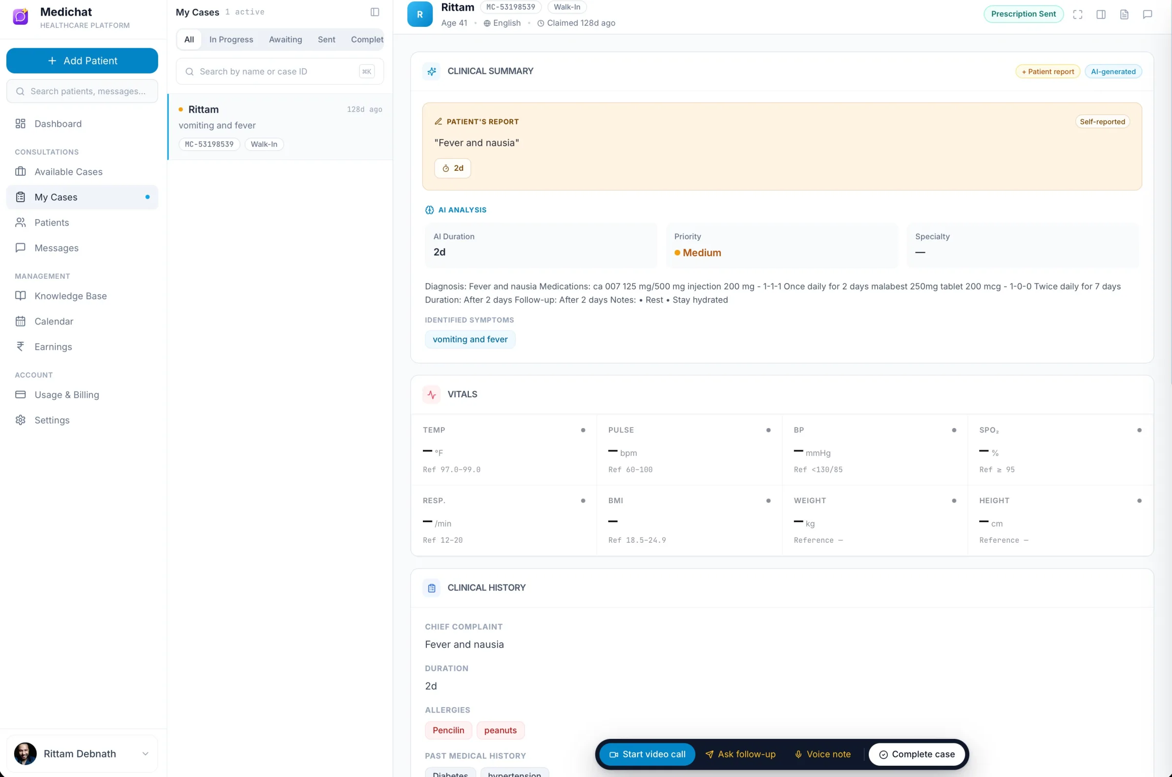 Doctor case detail with AI analysis, vitals, and review actions