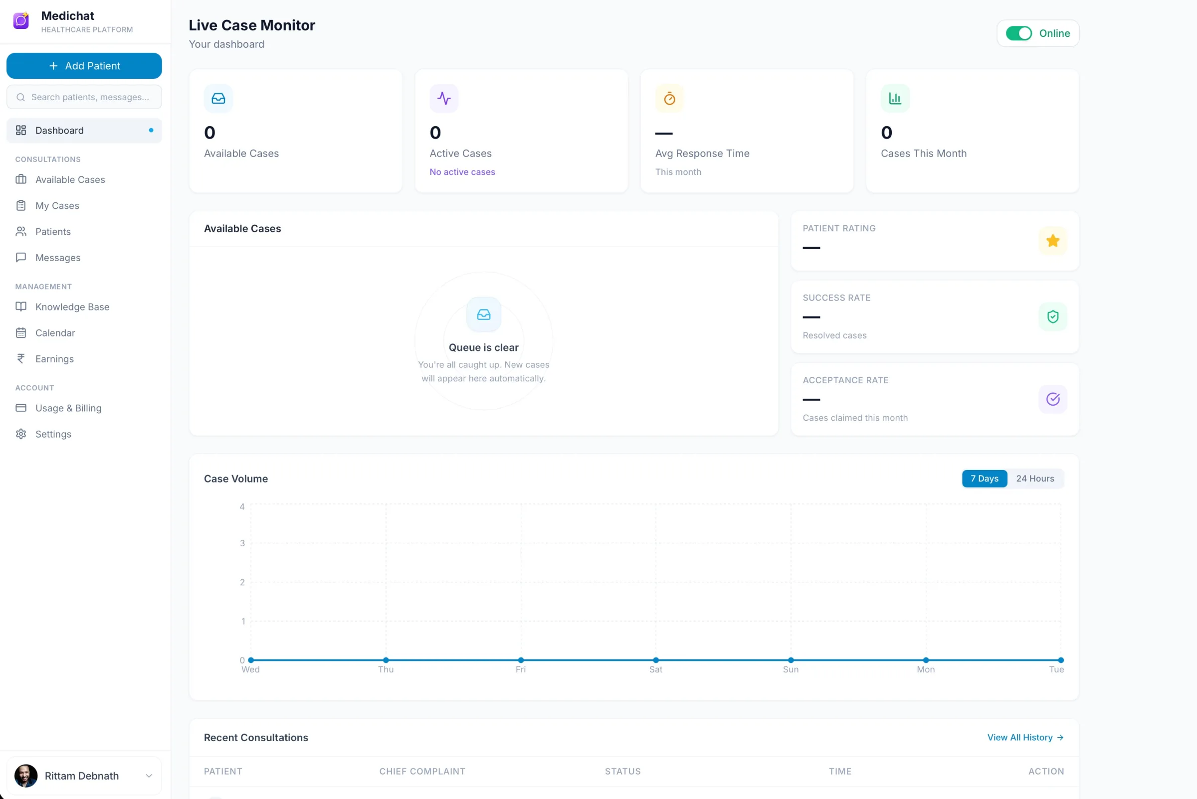 Doctor dashboard with live case monitor and available cases
