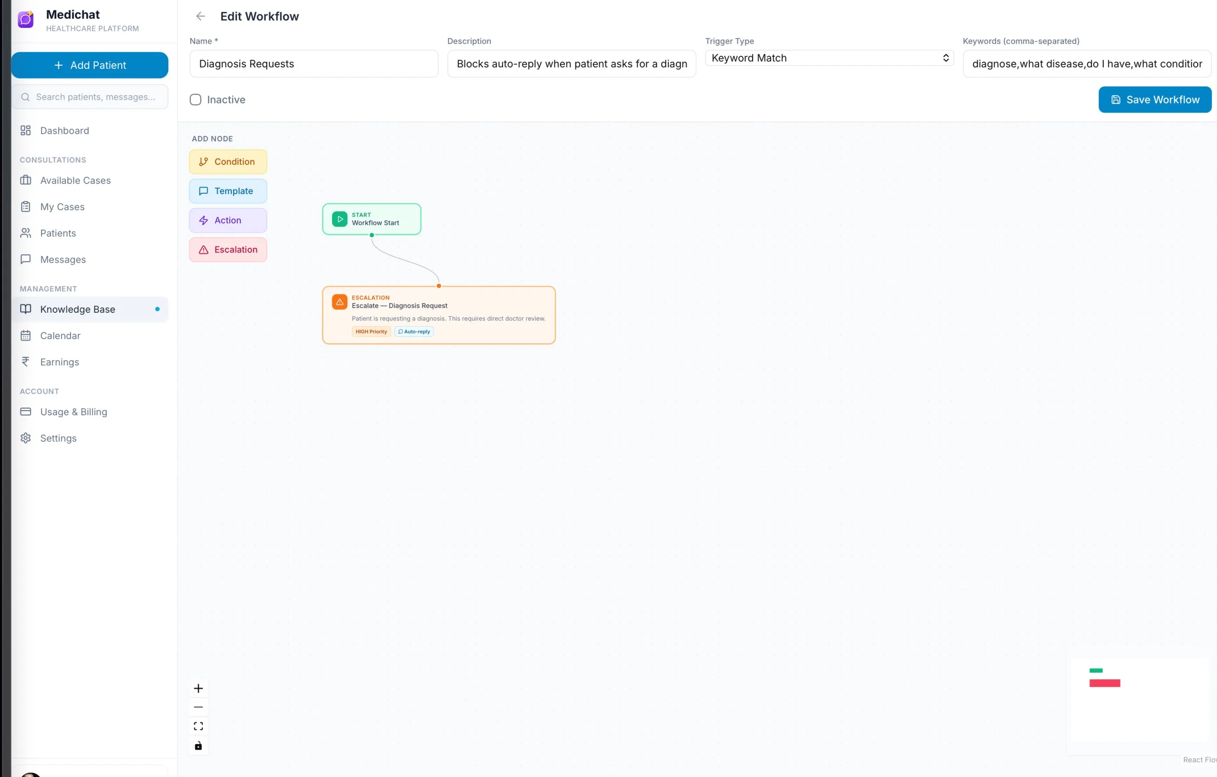 Workflow editor with keyword triggers and escalation nodes