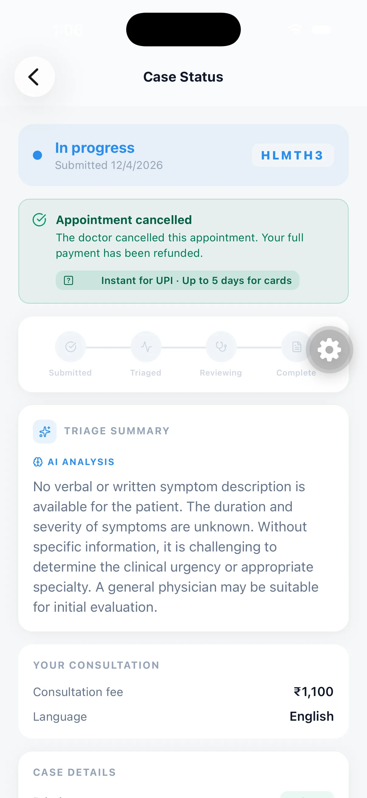 Cancelled case with refund status