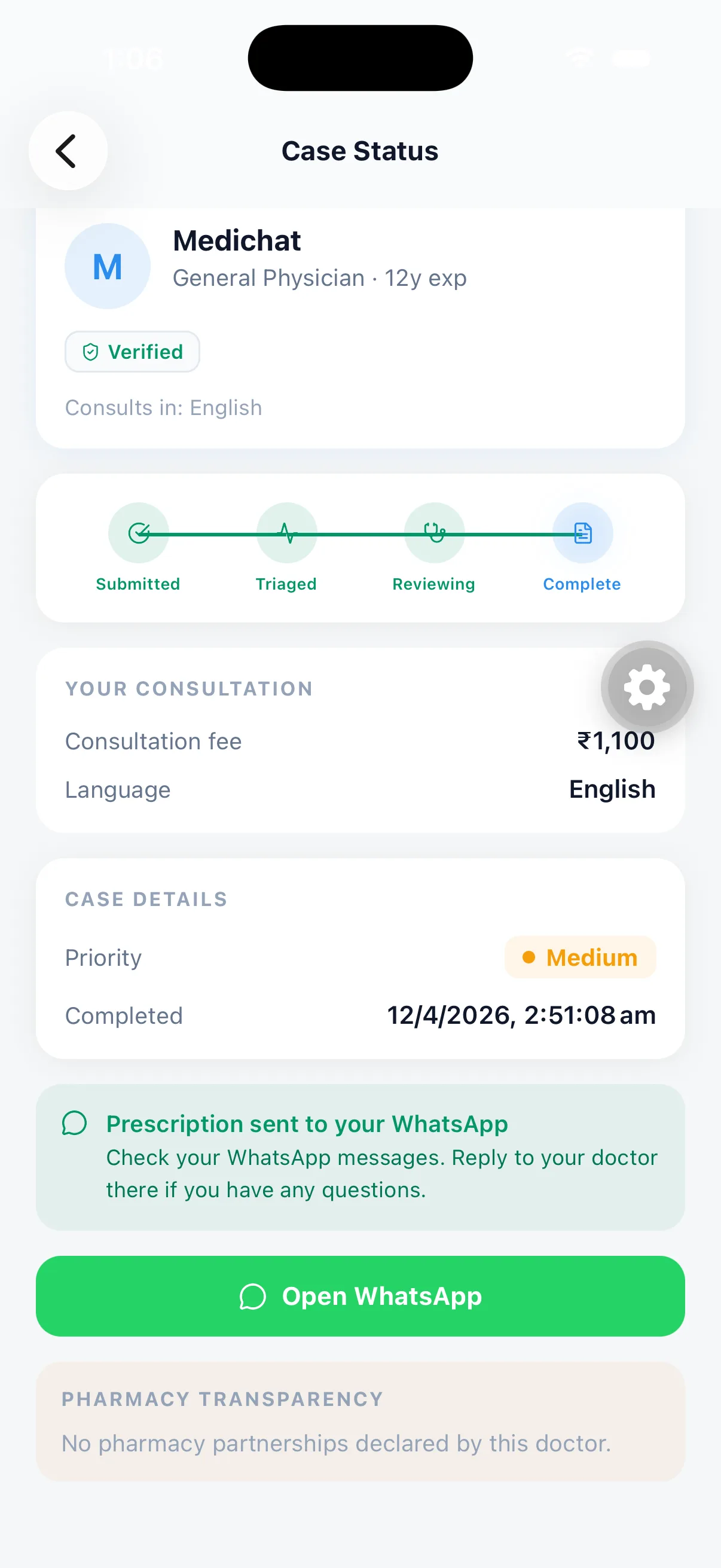 Case screen showing verified doctor card and pharmacy transparency