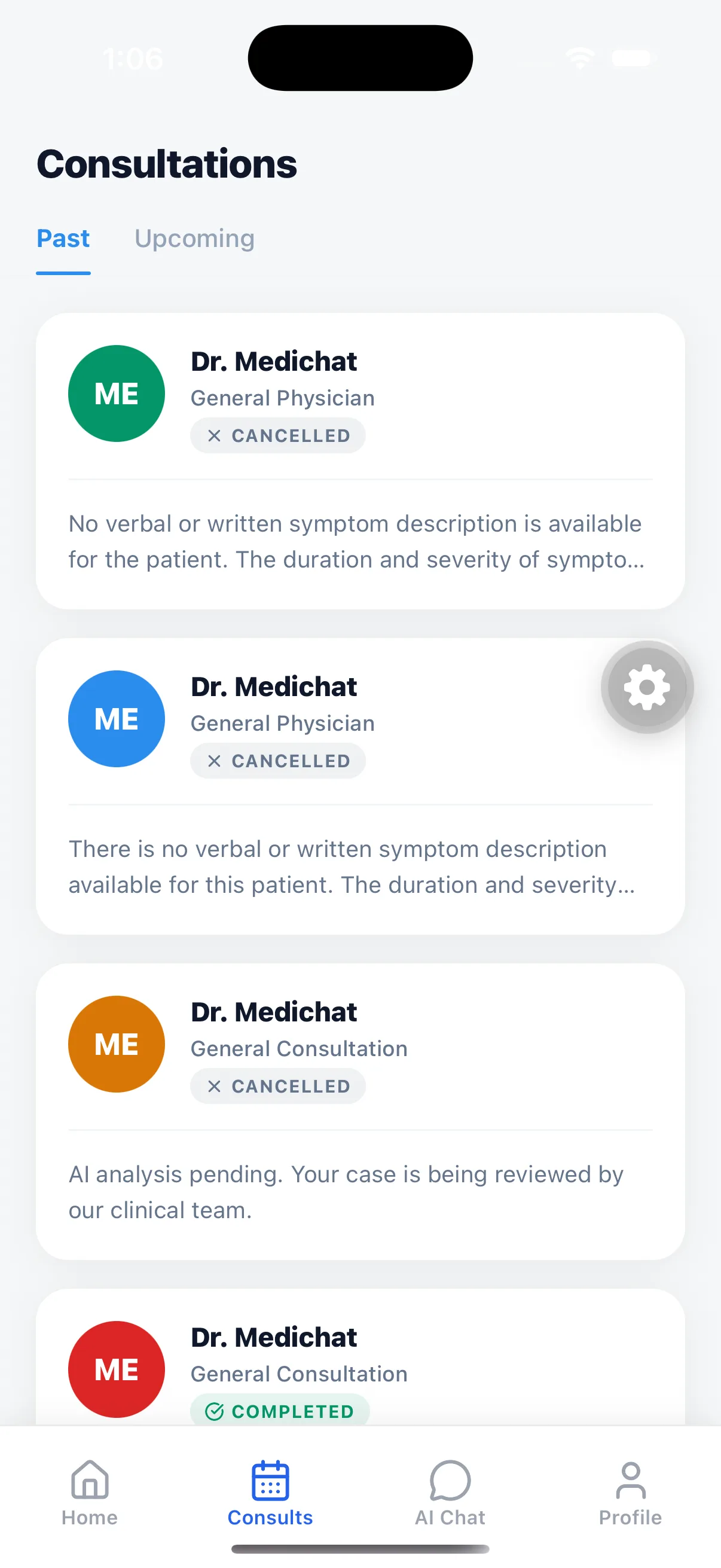 Consultations list with case statuses