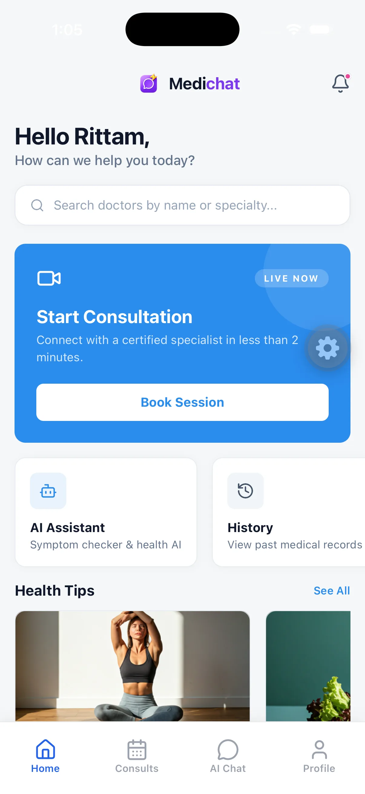 Medichat patient home screen