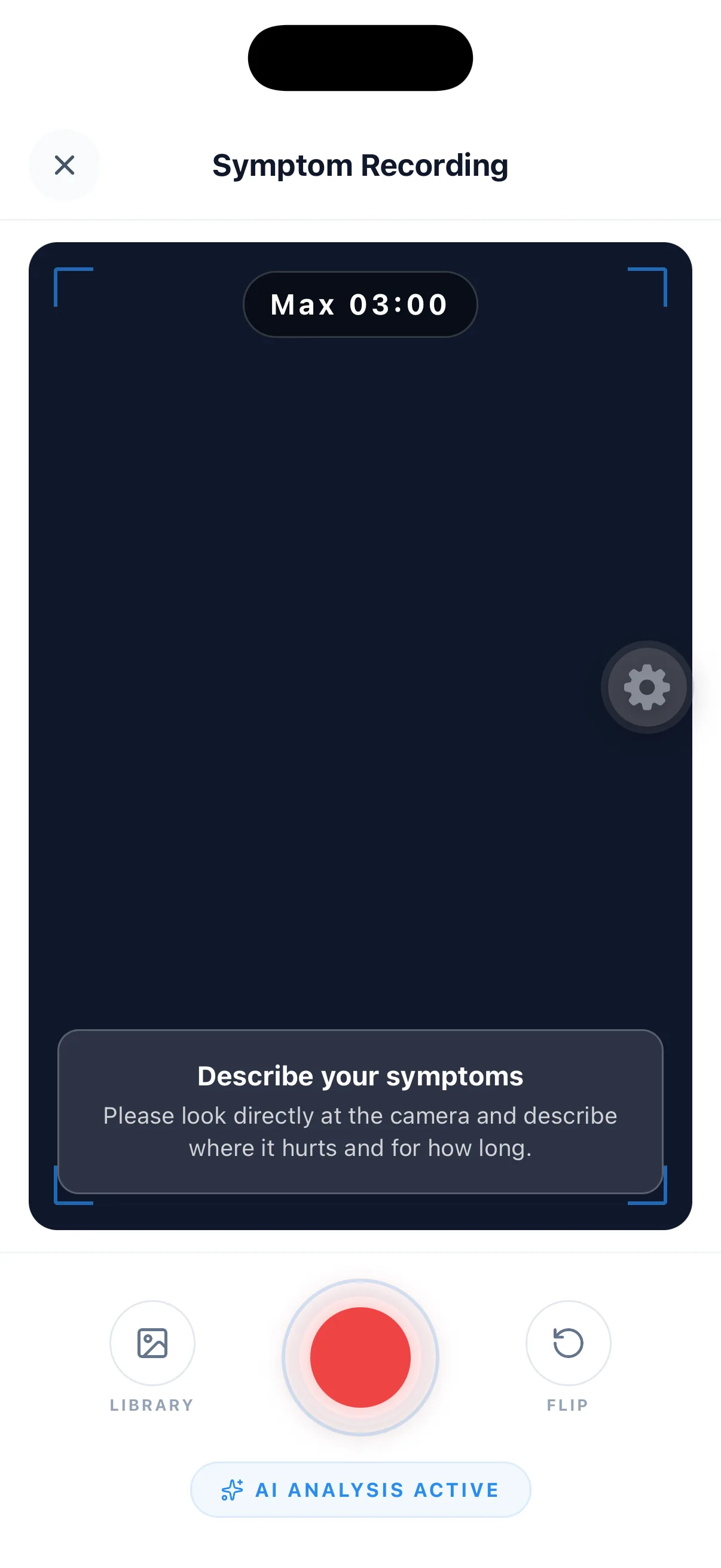 Symptom recording screen with AI analysis active