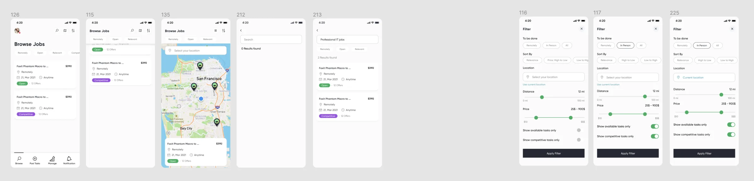 Browse, search, map, and filtering screens